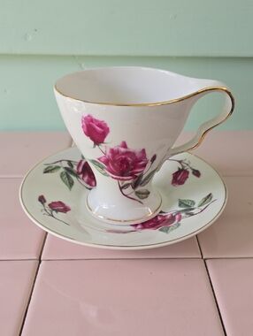 Vintage Floral Bone China Teacup & Saucer - Pink Rose with Gold Trim #5